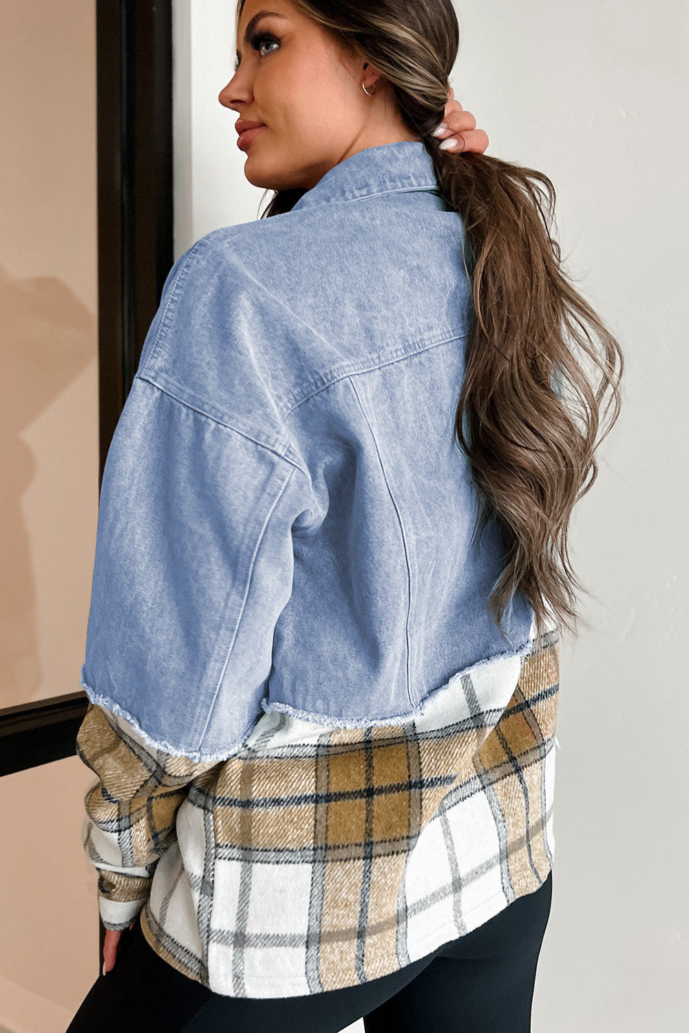 Khaki Plaid Patchwork Buttoned Oversized Denim Jacket