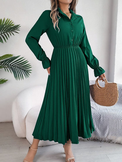 Pleated Half Button Long Sleeve Midi Dress.