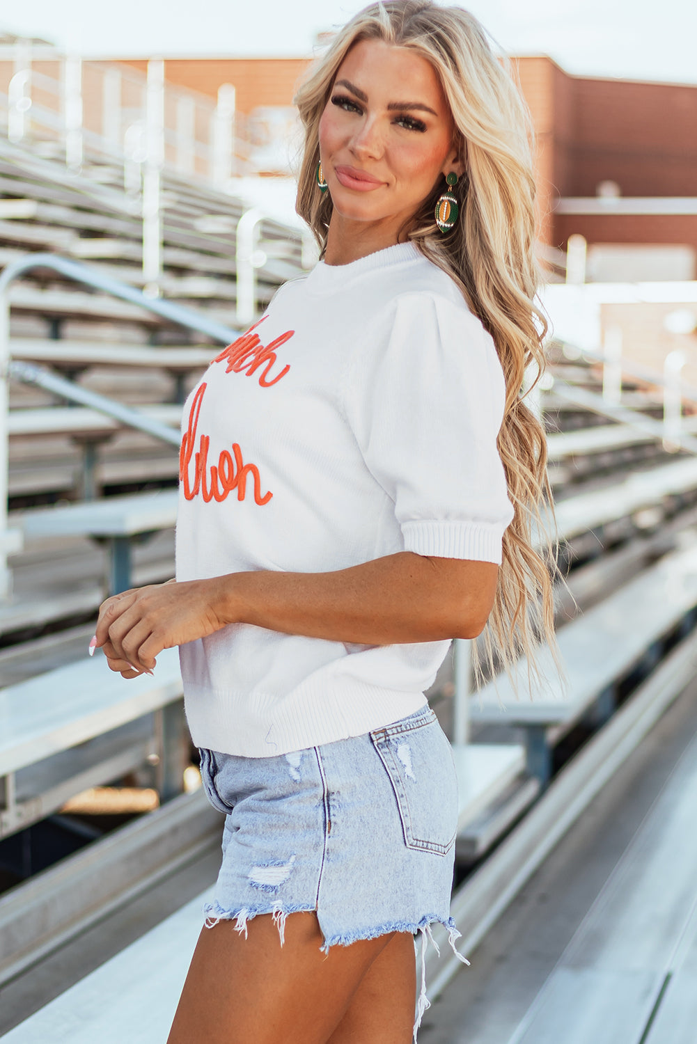 Chic White Puff Sleeve Sweater with Touchdown Tinsel Design