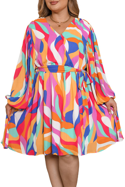 Vibrant multicolor abstract belted shift dress with oversized sleeves