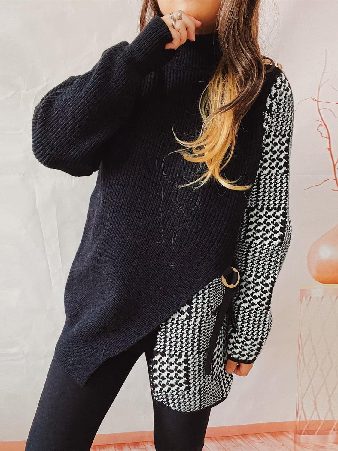 Houndstooth Turtleneck Long Sleeve Slit Sweater.