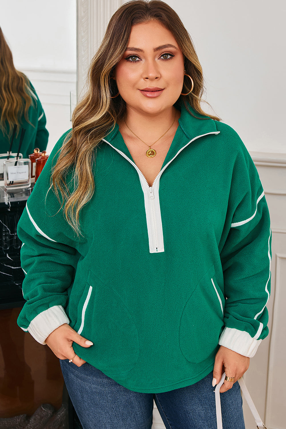 Dark Green Pocketed Fleece Sweatshirt Plus Size Half Zip Dear-Lover Dropshipping
