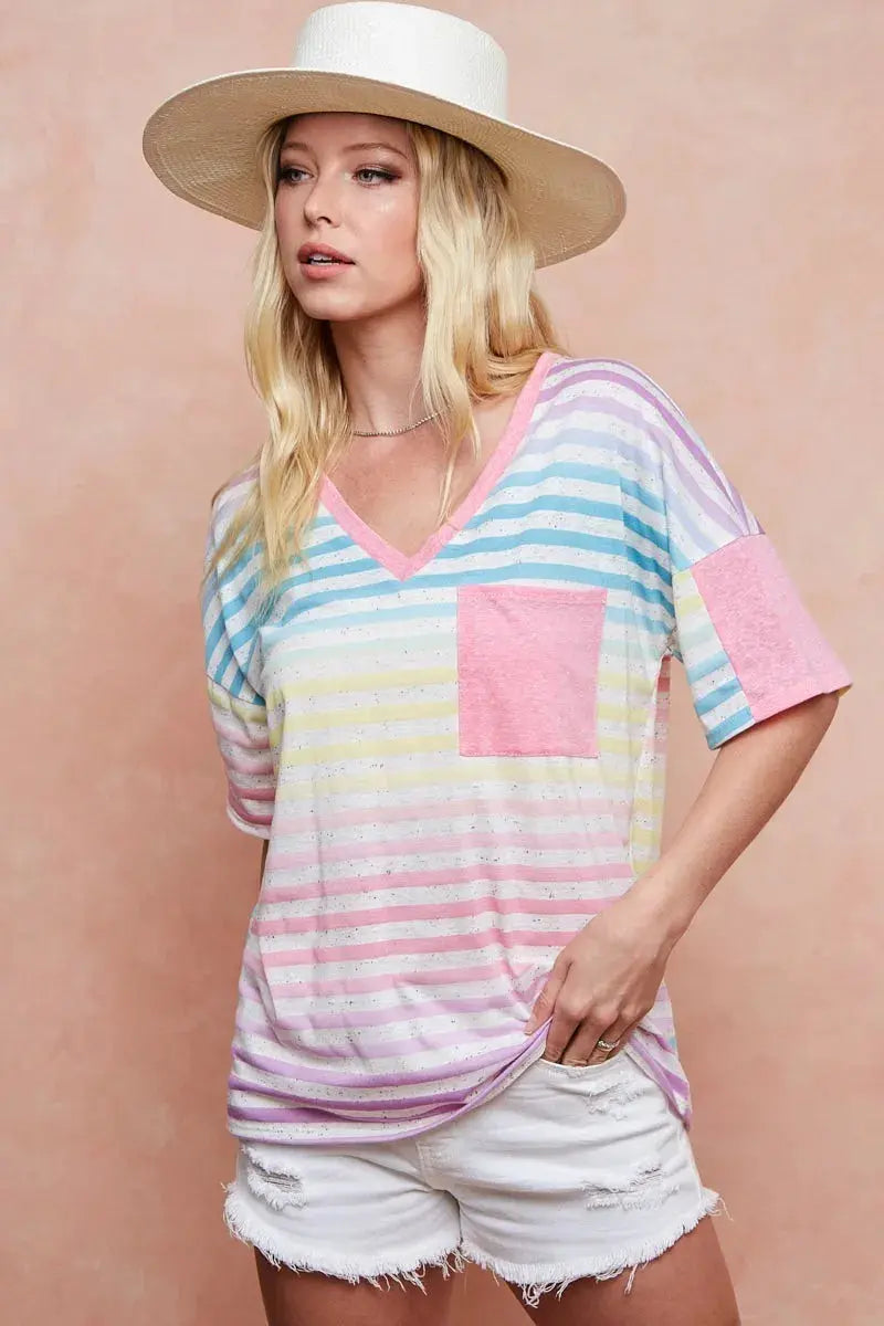 BiBi Rainbow Stripe Printed Triblend Knit Top - Love Salve 