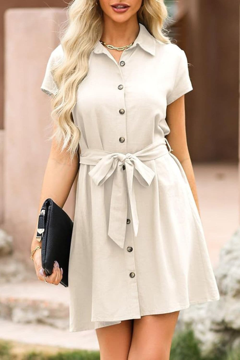 Tied Button Up Short Sleeve Dress.