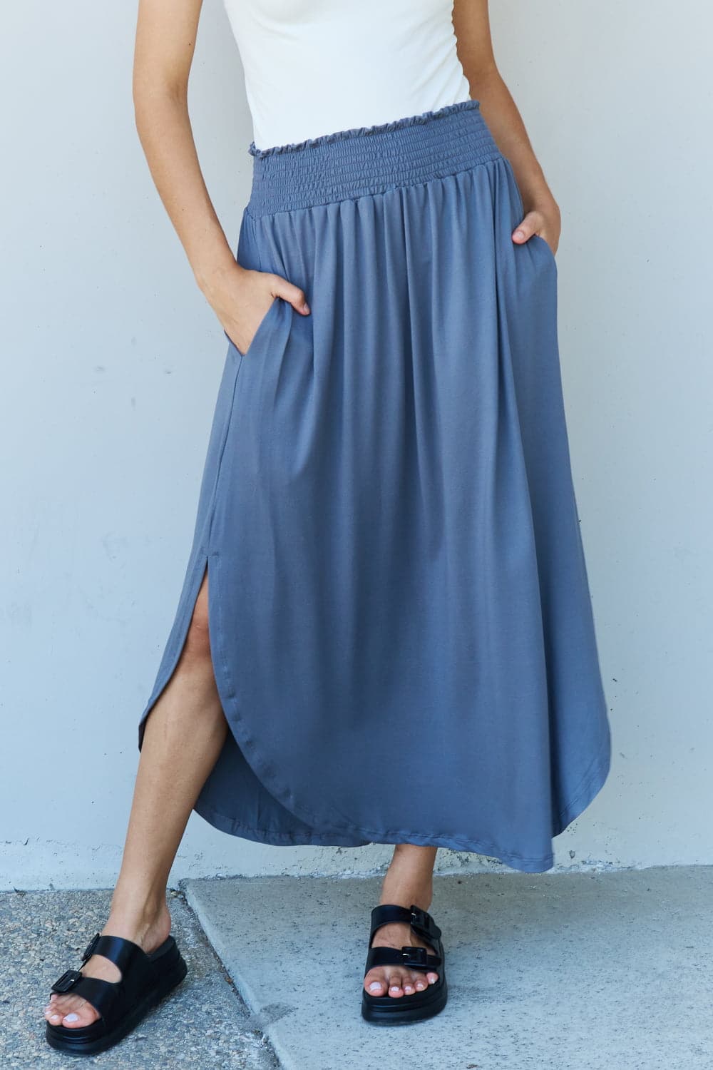 Doublju Comfort Princess Full Size High Waist Scoop Hem Maxi Skirt in Dusty Blue.