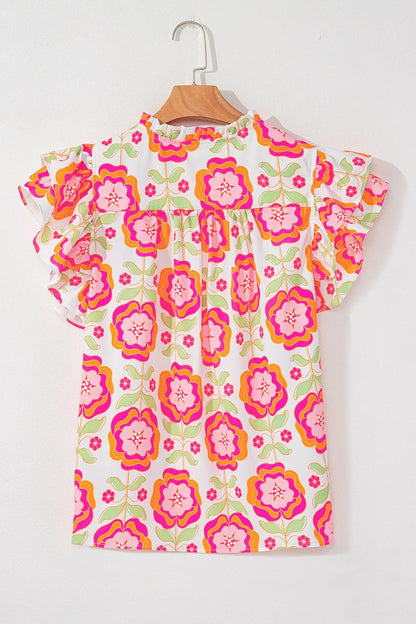 Floral Ruffled Sleeve Ric-Rac Trim Split Neck Loose Blouse