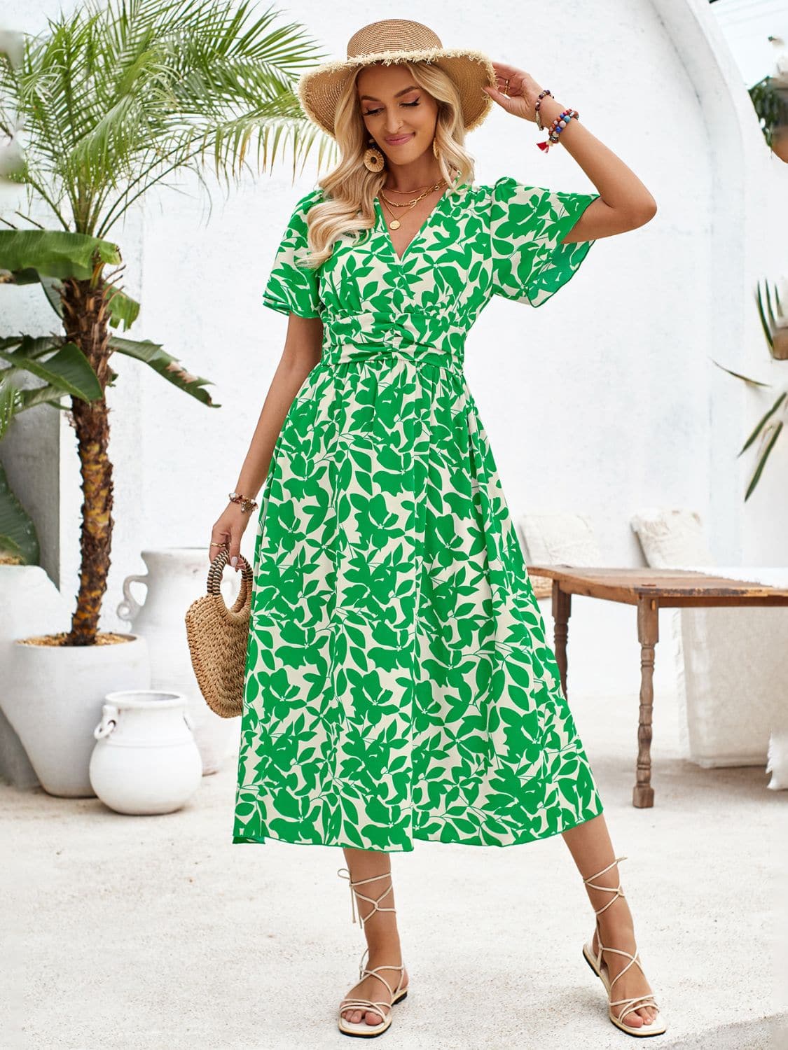 Printed Surplice Short Sleeve Midi Dress.