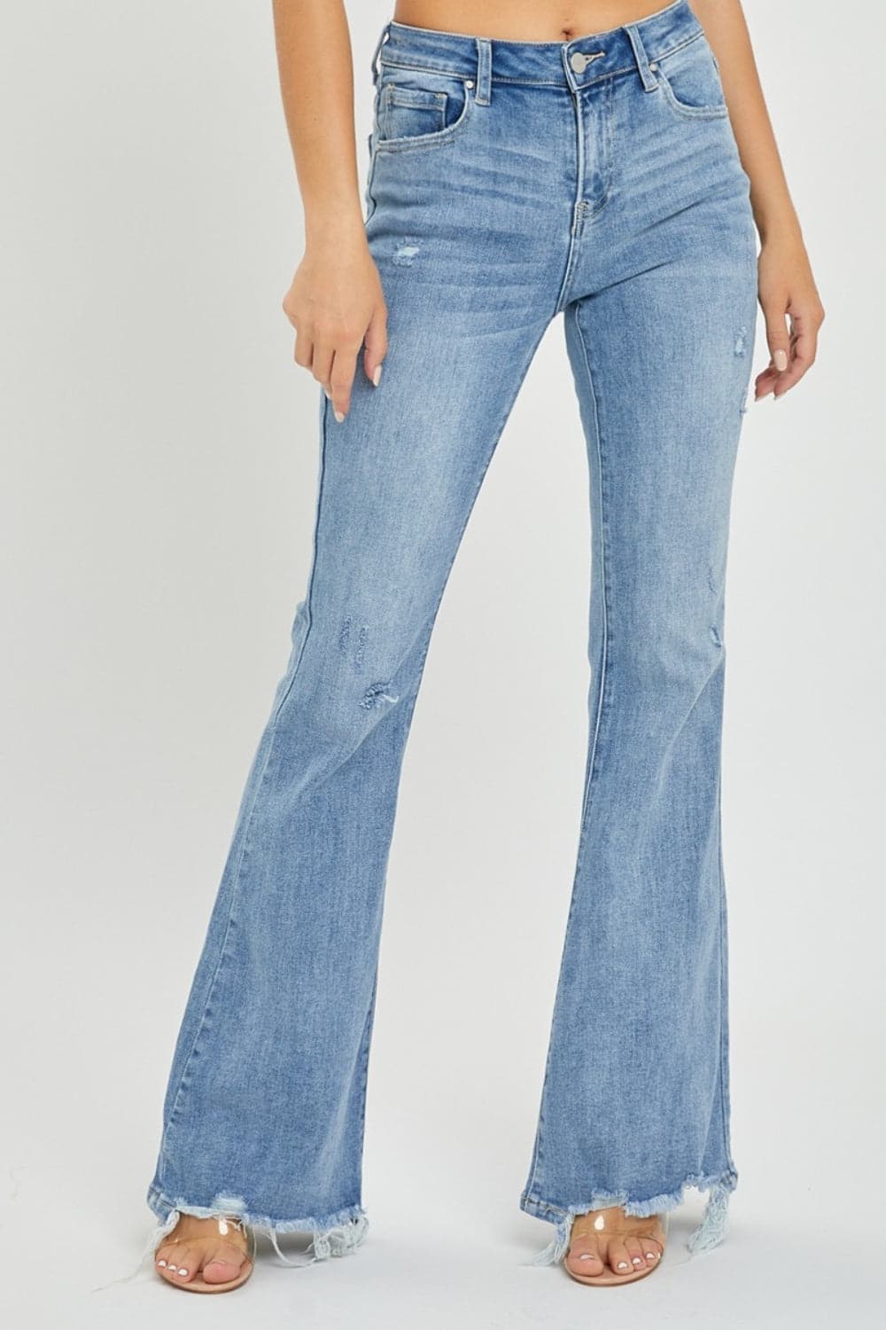 Risen Full Size High Rise Frayed Hem Flare Jeans.