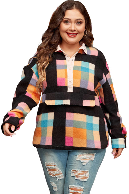 Cozy checkered sherpa henley sweatshirt for plus sizes