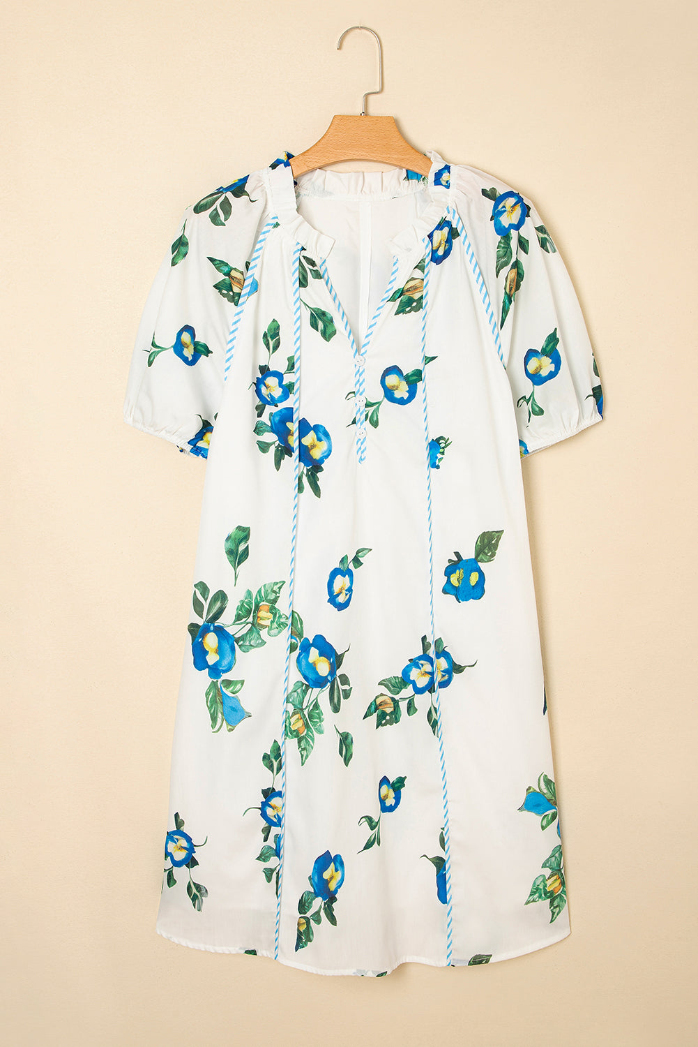 White Plus Size Floral Short Puff Sleeve Dress With V Neck And Tie Dear-Lover Dropshipping