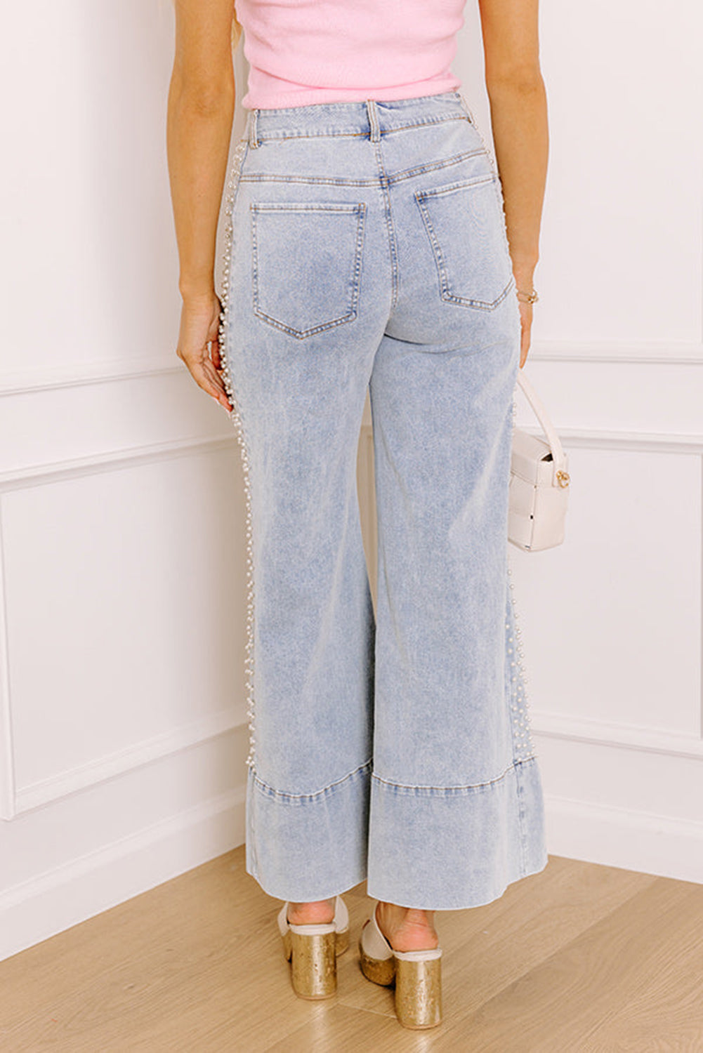 Beau Blue Mid Rise Pearl Embellished Split Wide Leg Jeans Dear-Lover Dropshipping