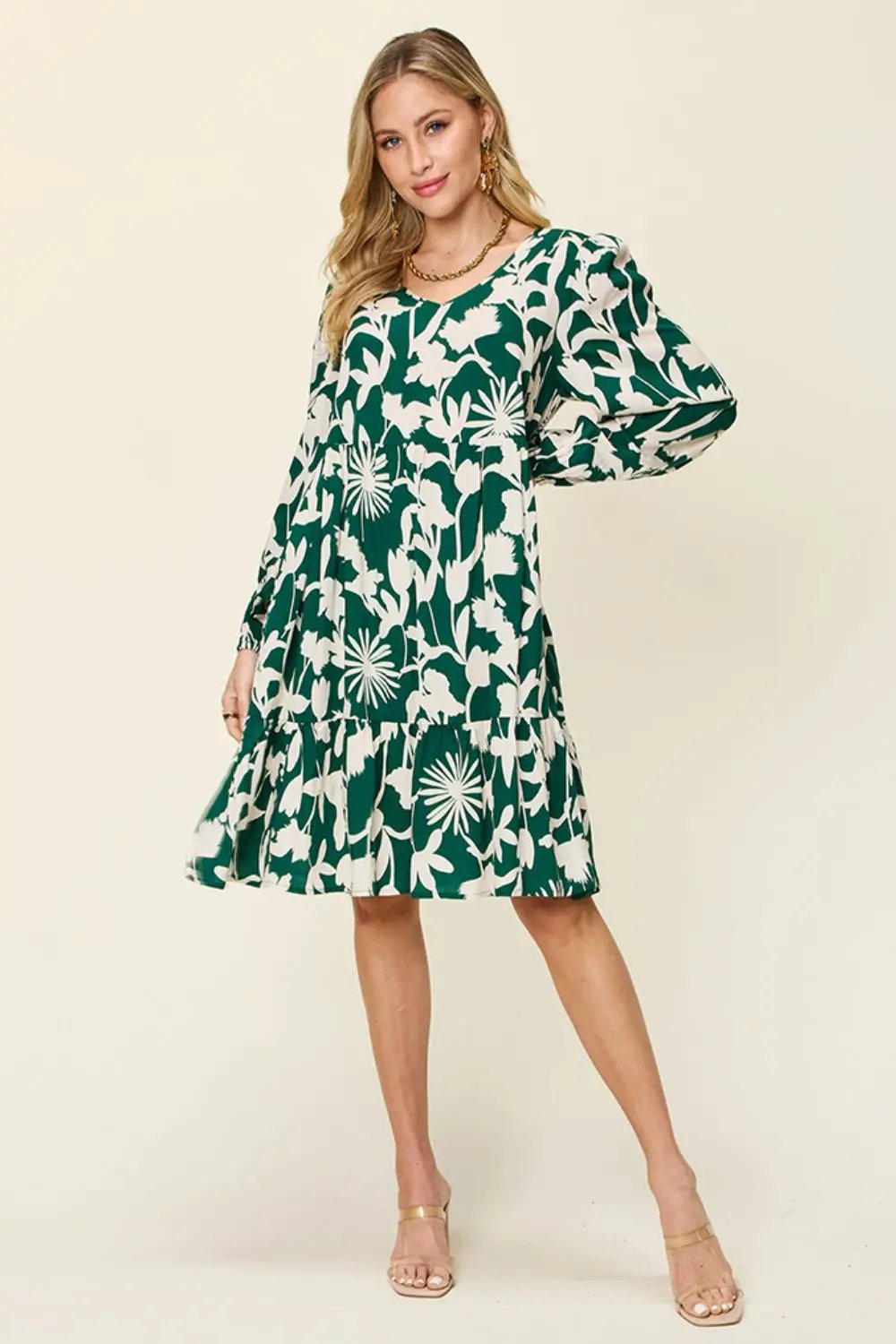 Double Take Full Size Printed Ruffle Hem Long Sleeve Dress - Love Salve