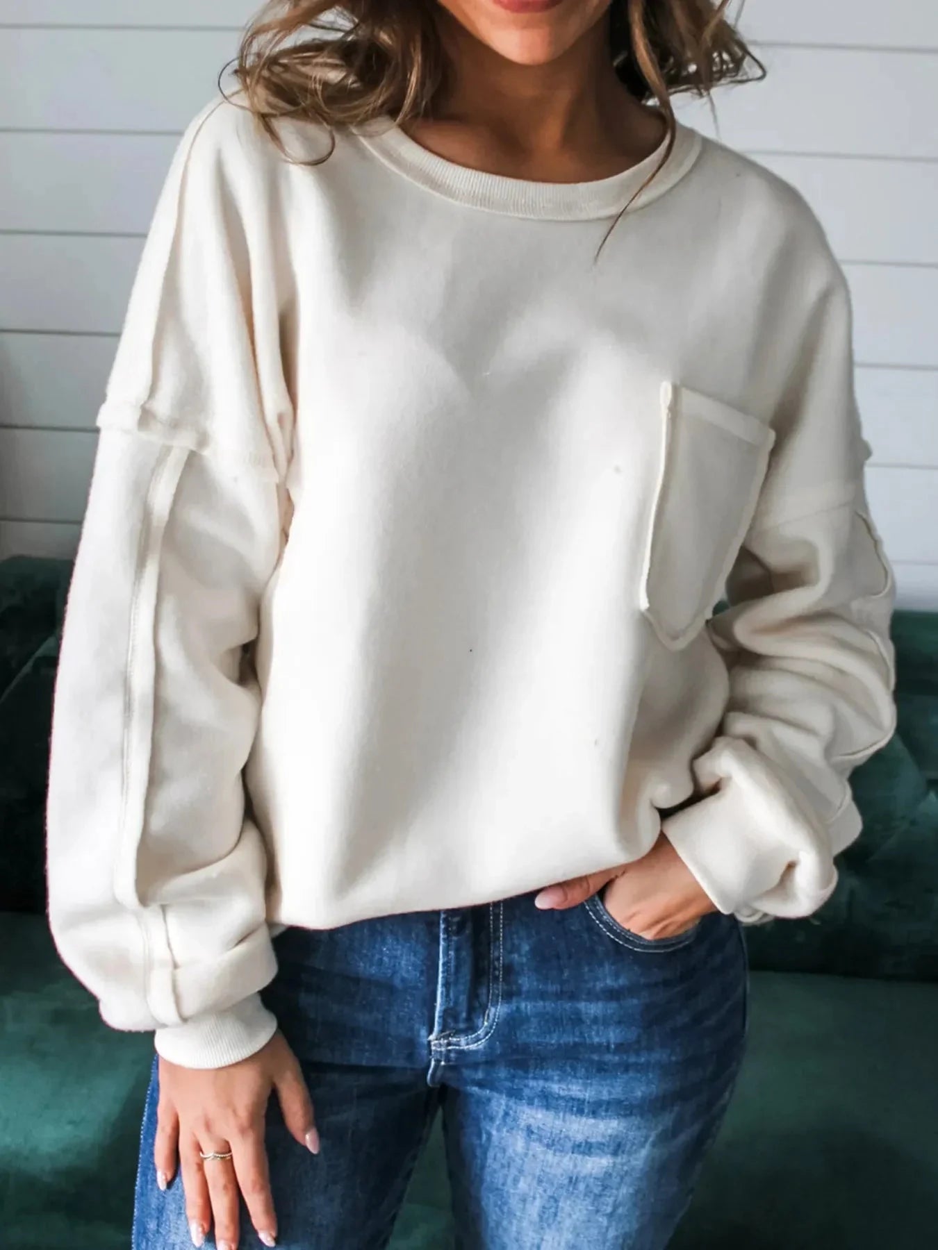 Exposed Seam Chest Pocket Knit Pullover Sweatshirt Coco’s Tee Boutique