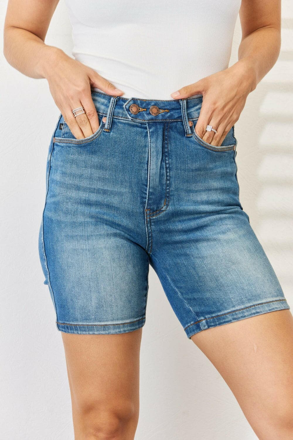 Judy Blue Full Size Tummy Control Double Button Bermuda Denim Shorts.