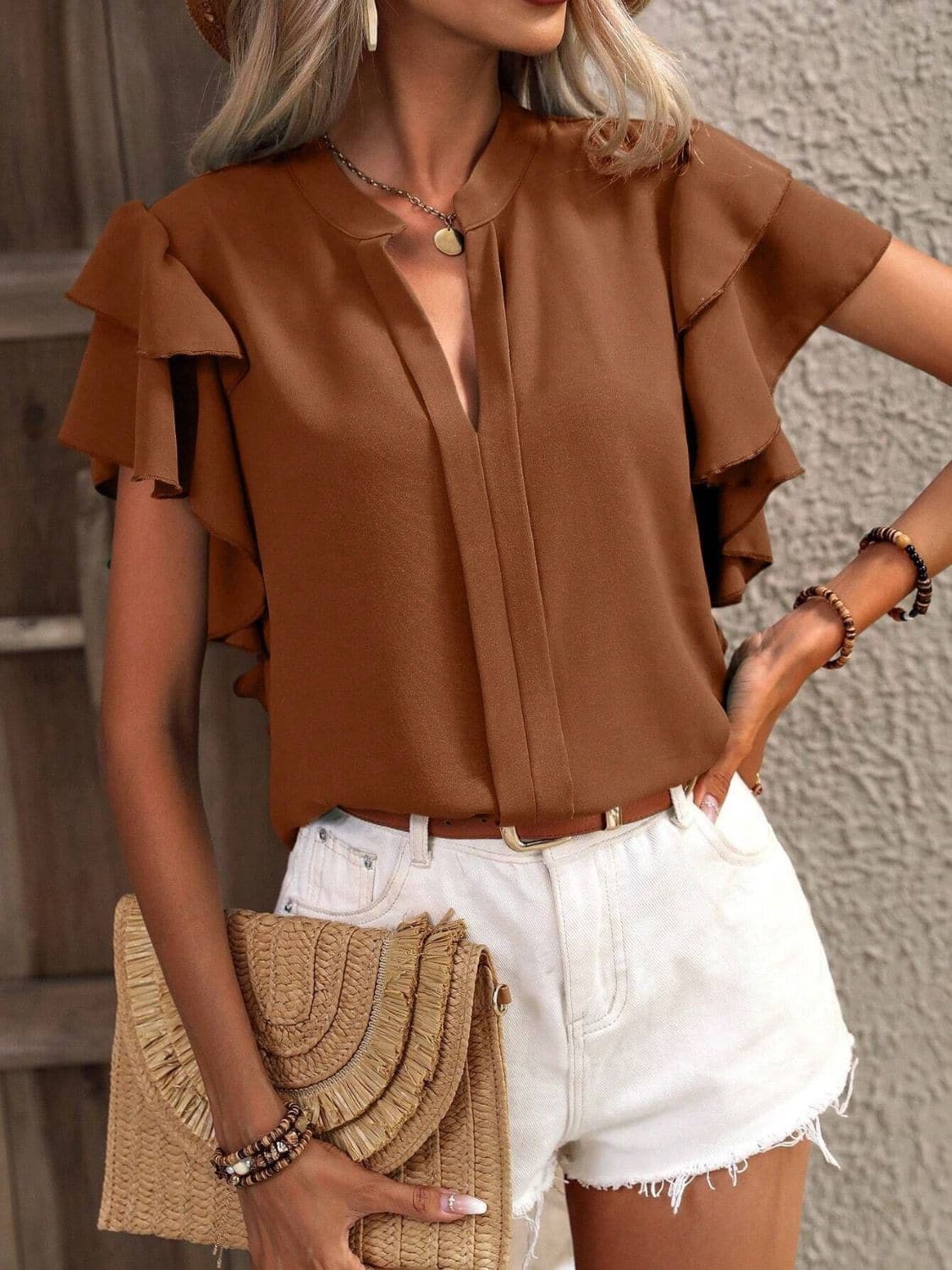 Ruffled Notched Short Sleeve Blouse.