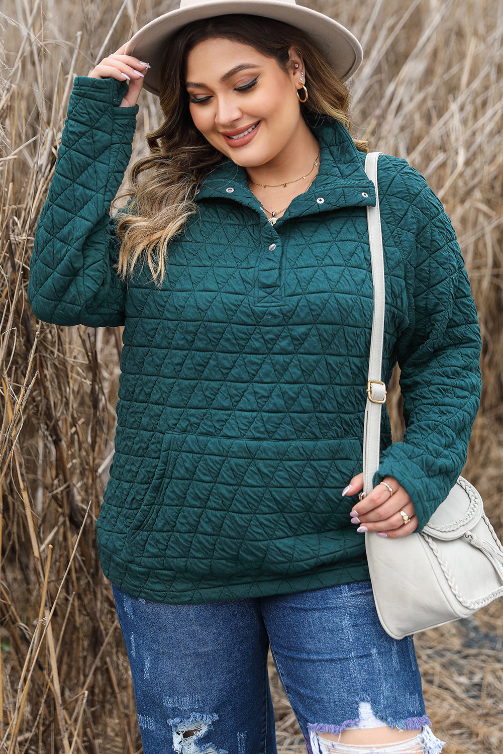 Plus size quilted sweatshirt in blackish green with pocket and button detail