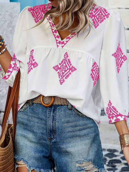 Printed V-Neck Three-Quarter Sleeve Blouse.