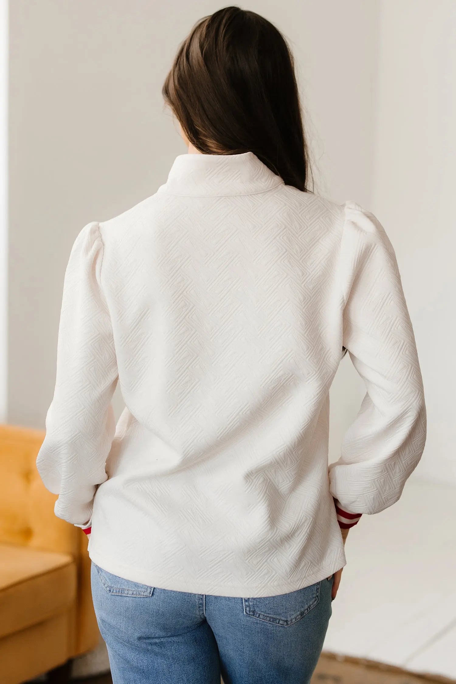 White Textured Knit Zipped Collar Pullover With Striped Contrast Accent Dear-Lover Dropshipping