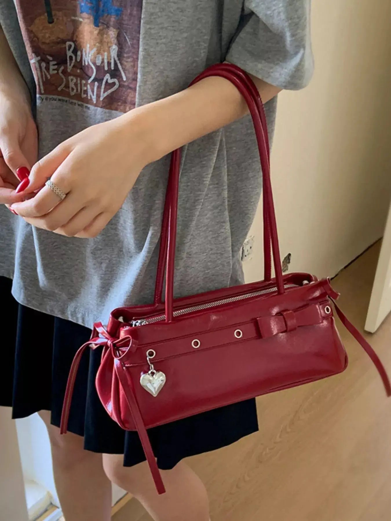 PU Leather Small Shoulder Bag With Heart Charm Elegant Tote Simply Love