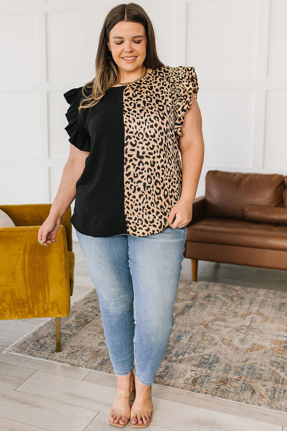 Chic black leopard flutter sleeve plus size top