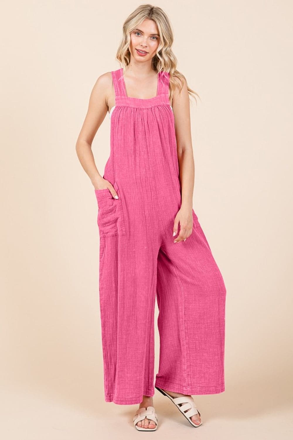 Culture Code Full Size Pocketed Sleeveless Wide Leg Overalls.