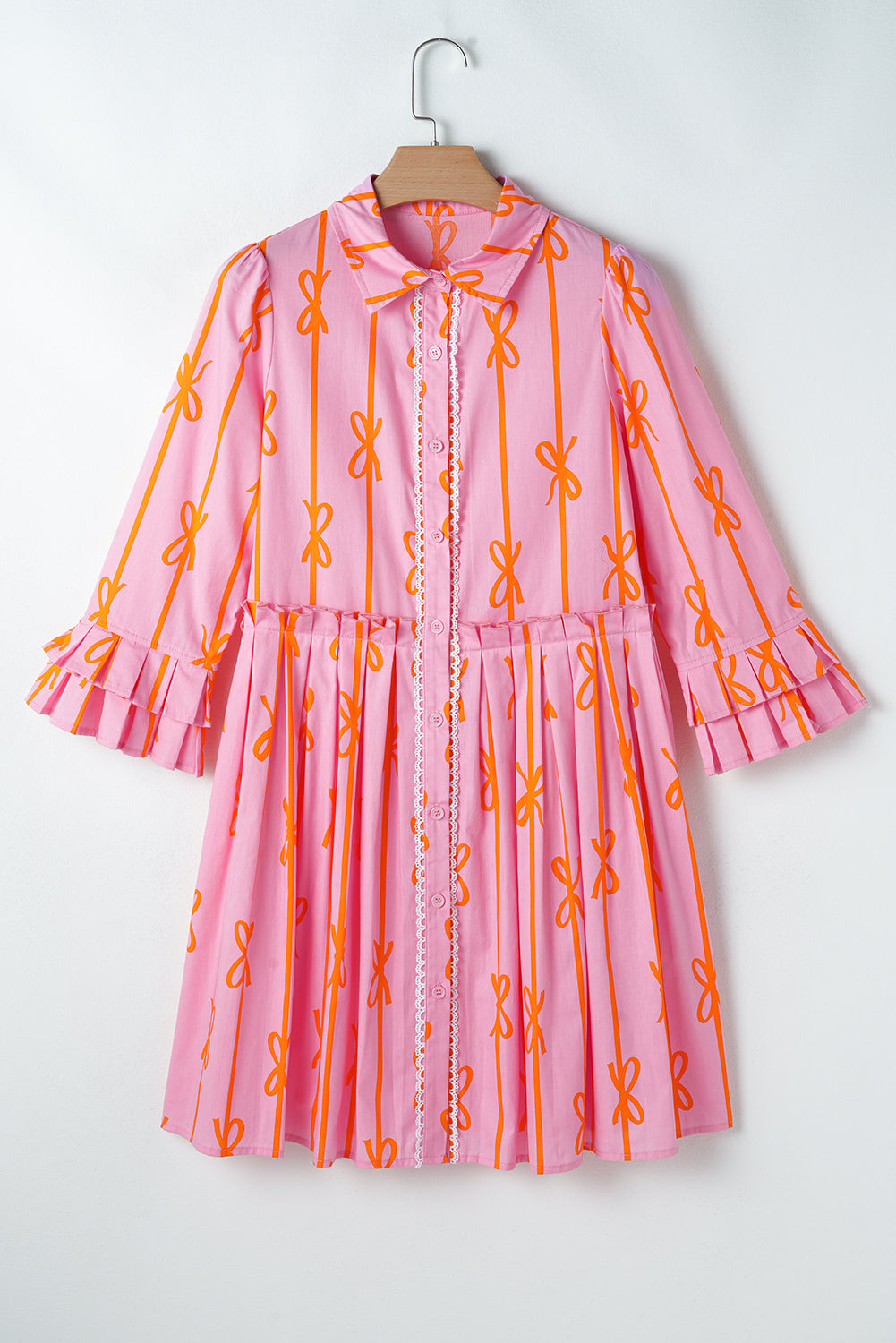 Pink Bowknot Striped Printed Tiered Ruffled Mini Shirt Dress with 3/4 sleeves and button-up front.