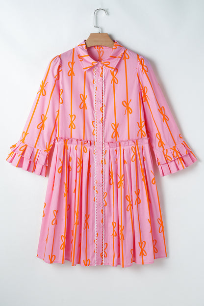 Pink Bowknot Striped Printed Tiered Ruffled Mini Shirt Dress with 3/4 sleeves and button-up front.