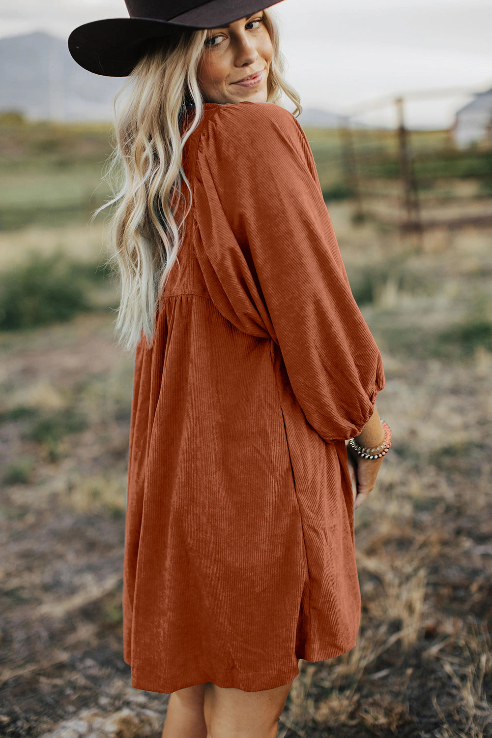 Chic gold flame corduroy dress with snap buttons and bracelet sleeves