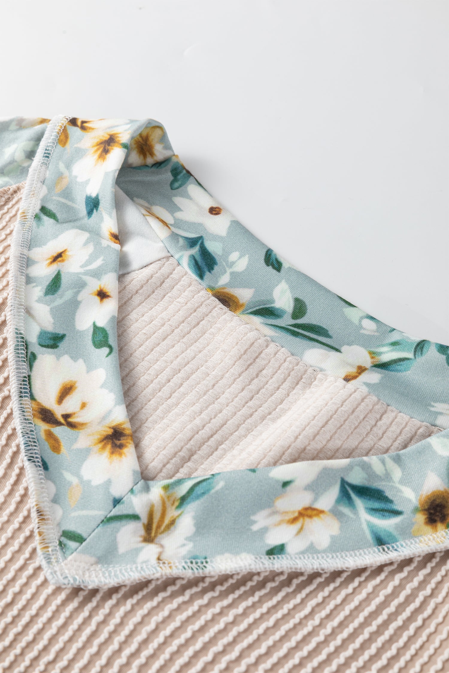 Parchment Twist Ribbed Floral Contrast Patchwork Long Sleeve Top Dear-Lover Dropshipping