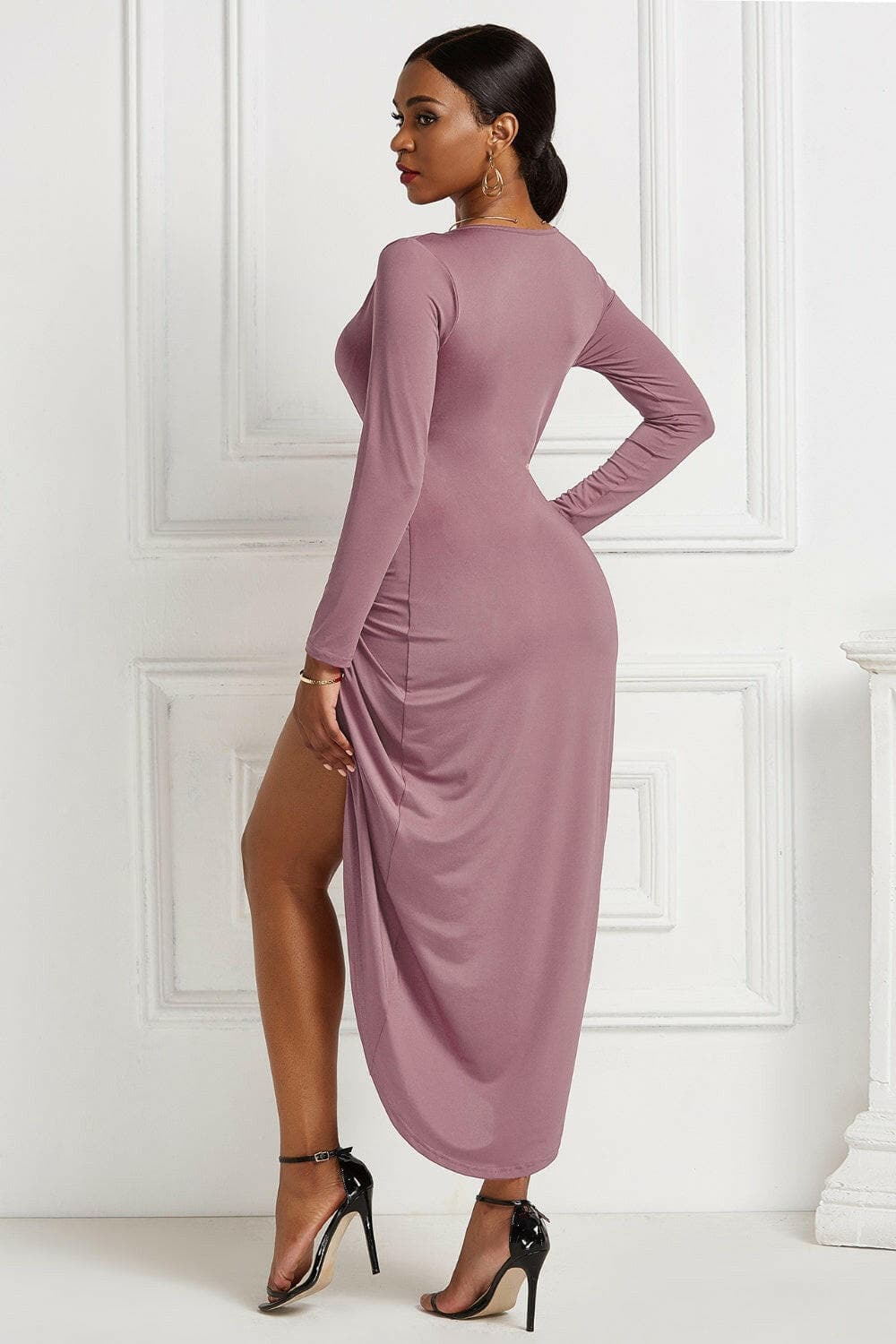 High-low Ruched Surplice Long Sleeve Dress.