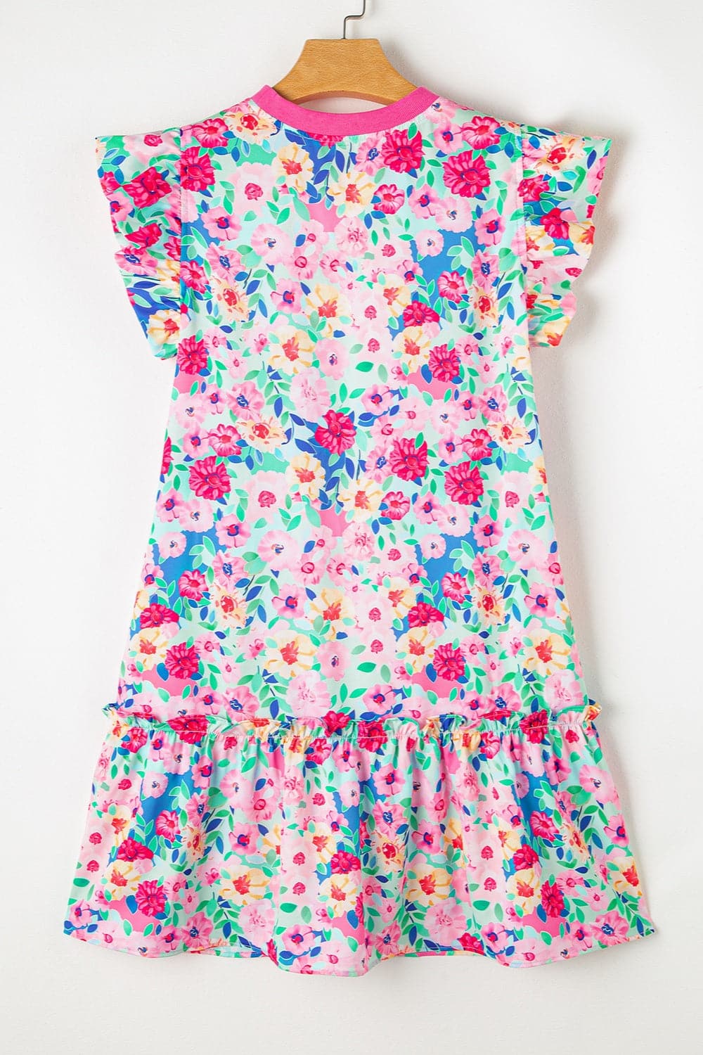 Ruffled Printed Round Neck Cap Sleeve Mini Dress.