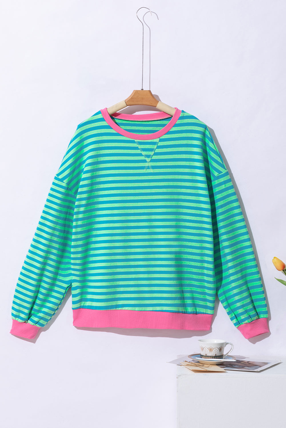 Casual sky blue striped oversized pullover with contrast trim