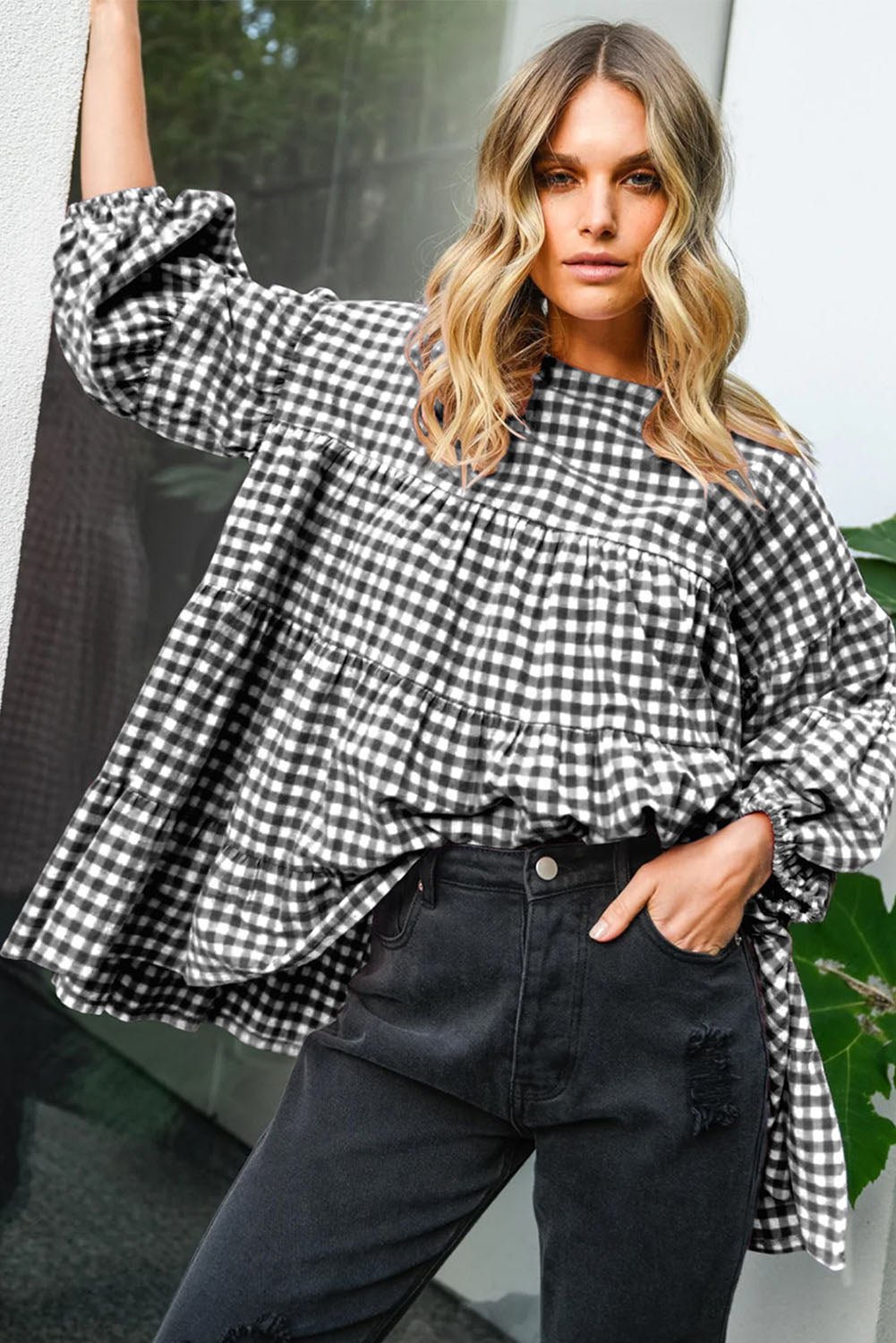 Black Checkered Puff Sleeve Tiered Loose Babydoll Blouse