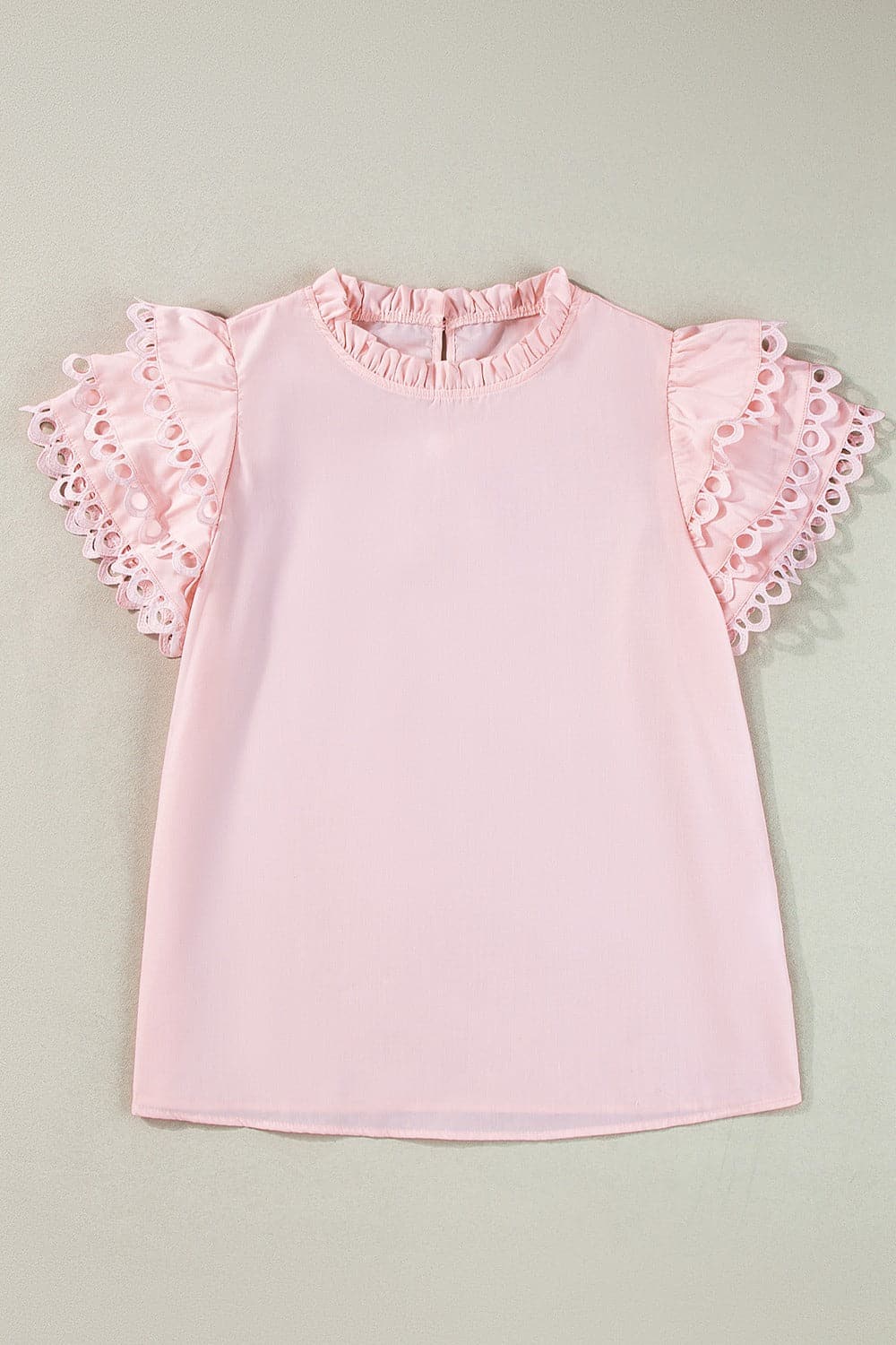 Ruffled Eyelet Round Neck Cap Sleeve Blouse.