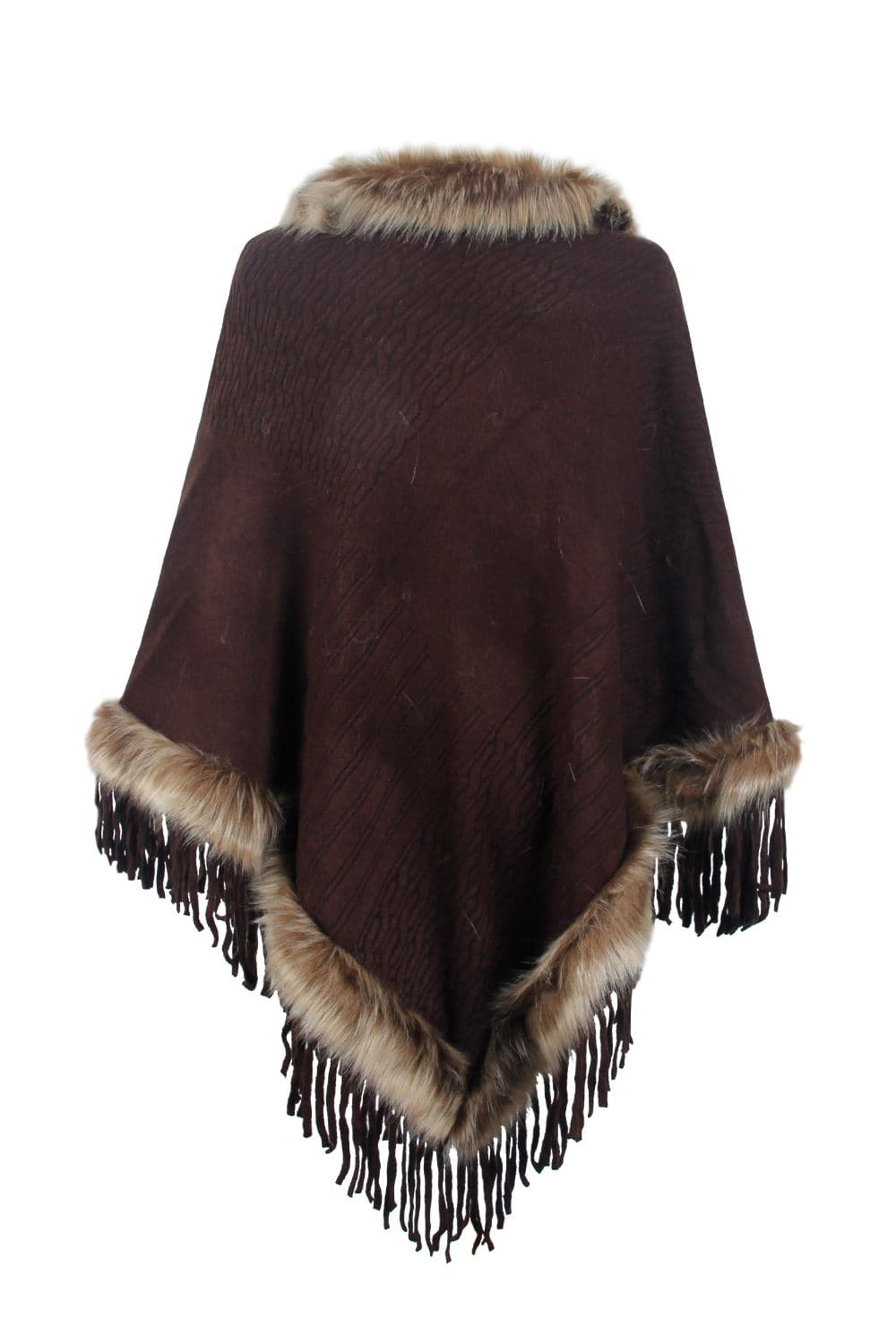 Faux Fur Trim Fringed Poncho.