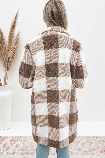 Chic brown plaid open front coat with lapel collar