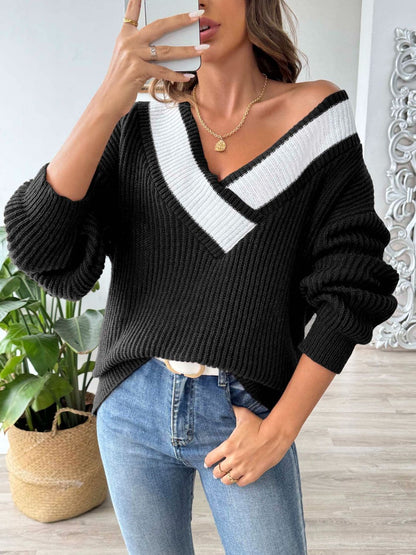 Color Block Dropped Shoulder Long Sleeve Sweater