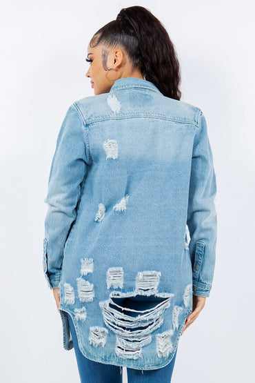 Stylish distressed denim jacket with button-up front