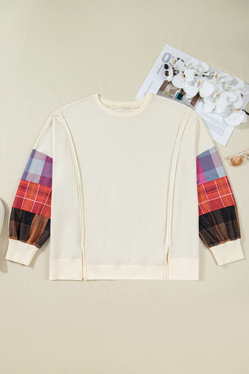 Beige Plus Size Multicolor Plaid Patchwork Pullover Top Dear-Lover Dropshipping