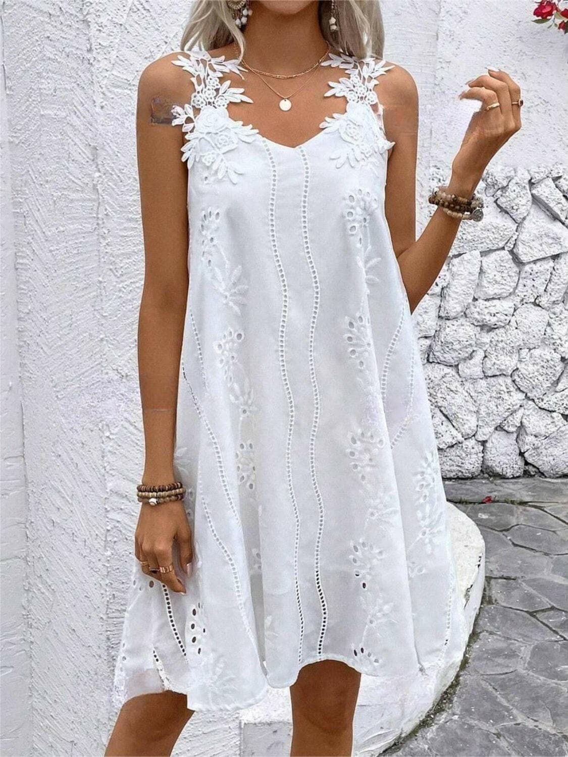 Lace Detail V-Neck Mini DressUpgrade Your Style with our Lace Detail V-Neck Mini Dress
 Indulge in elegance and charm with our Lace Detail V-Neck Mini Dress. This exquisite piece features delicaLove Salve -Neck Mini Dressswimwear