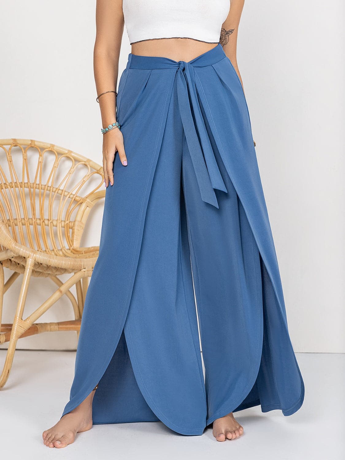 Plus Size Tied Slit Wide Leg Pants.