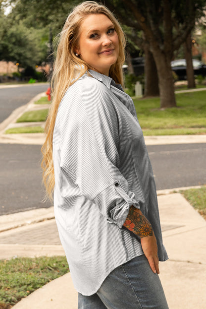 Chic white striped plus size shirt with rolled tab sleeves