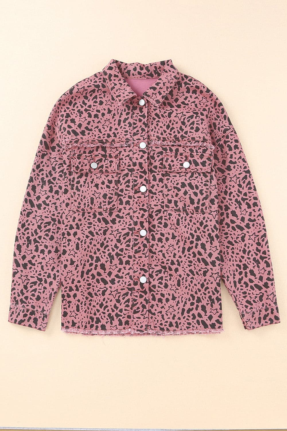 Leopard Raw Hem Button Up Denim Jacket.