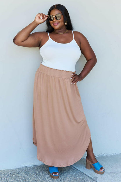 Doublju Comfort Princess Full Size High Waist Scoop Hem Maxi Skirt in Tan.