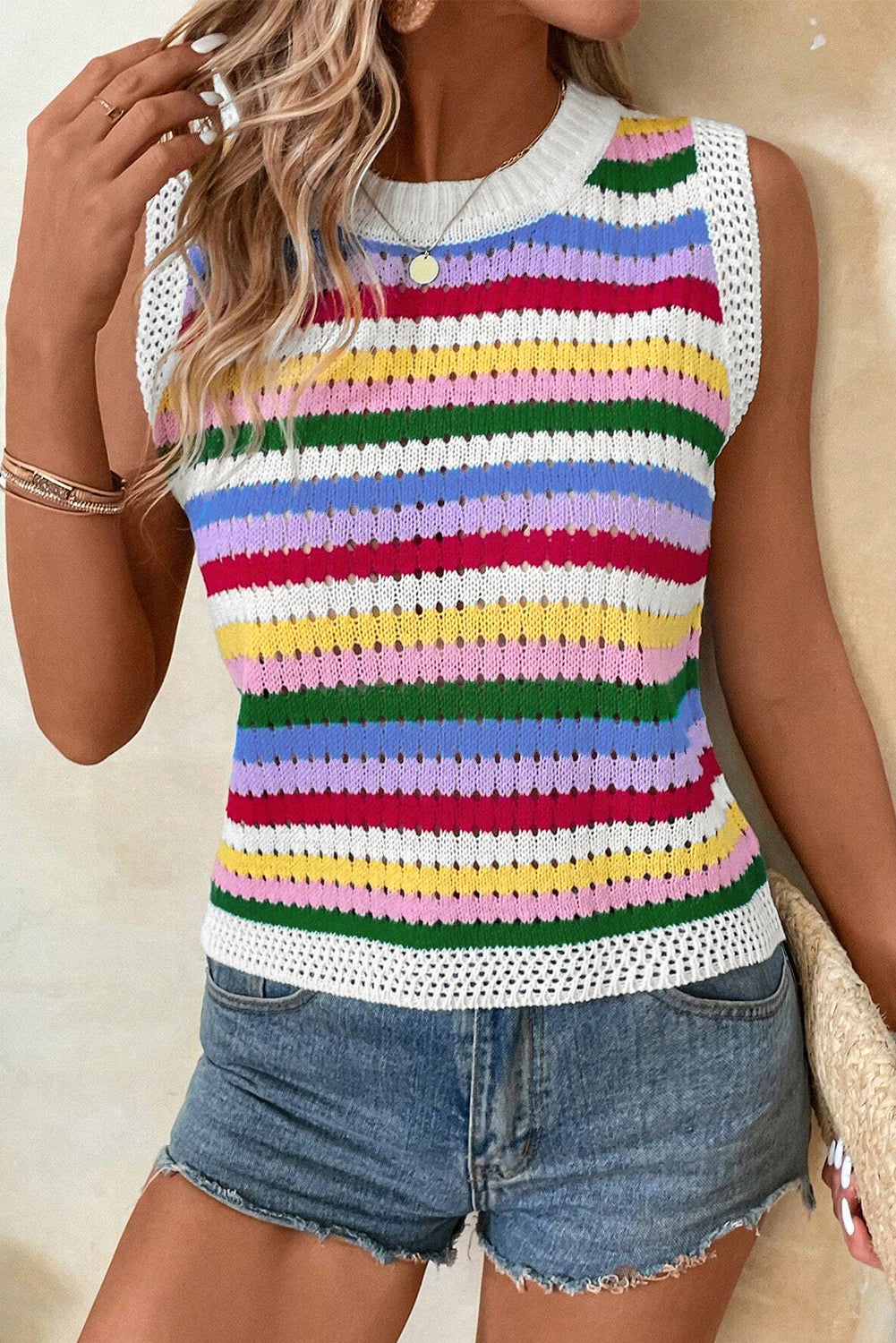 Vibrant striped knitted vest with eyelet detailing