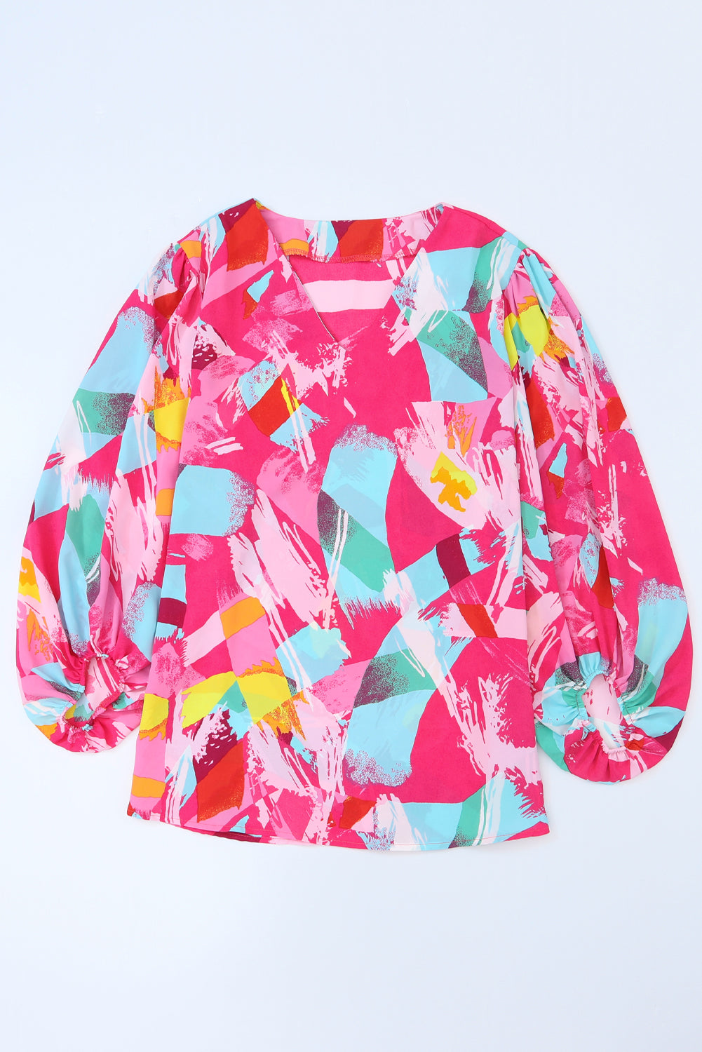 Vibrant pink plus size graffiti print blouse with split neck and puff sleeves