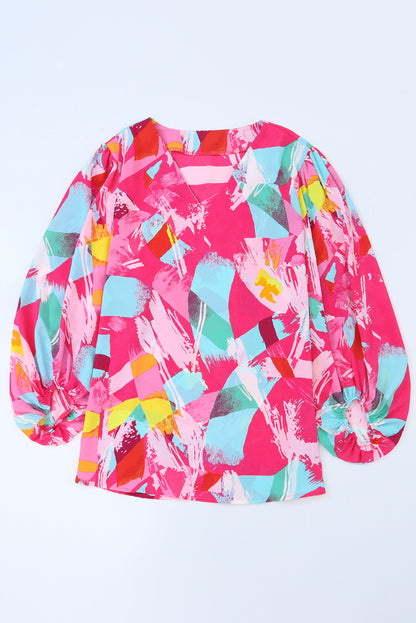 Vibrant pink plus size graffiti print blouse with split neck and puff sleeves