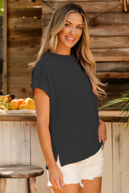 Exposed Seam Round Neck Short Sleeve T-Shirt.