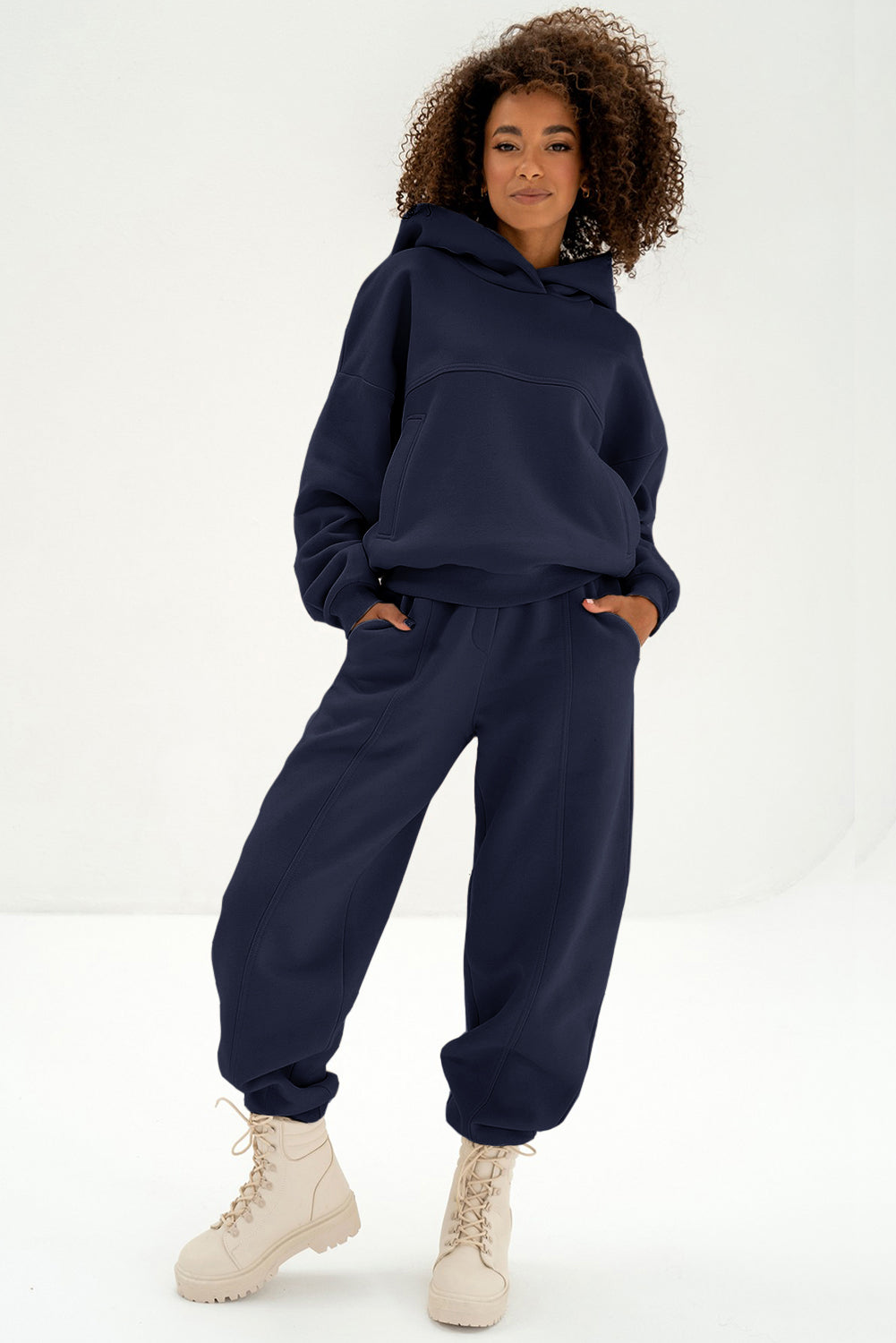 Navy Blue Solid Exposed Seams Hoodie and Joggers Activewear Set Dear-Lover Dropshipping