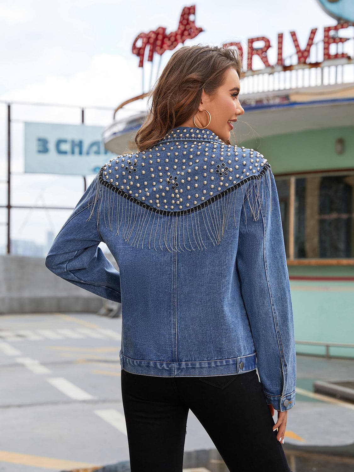 Studded Fringe Button Down Denim Jacket.